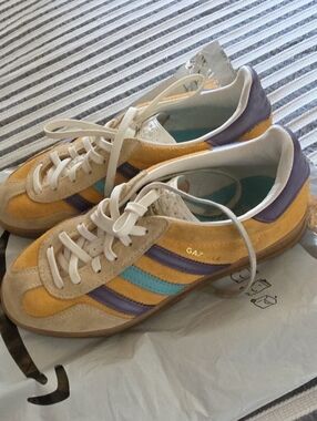 adidas Yellow Suede Sneakers with Purple & Teal Stripes